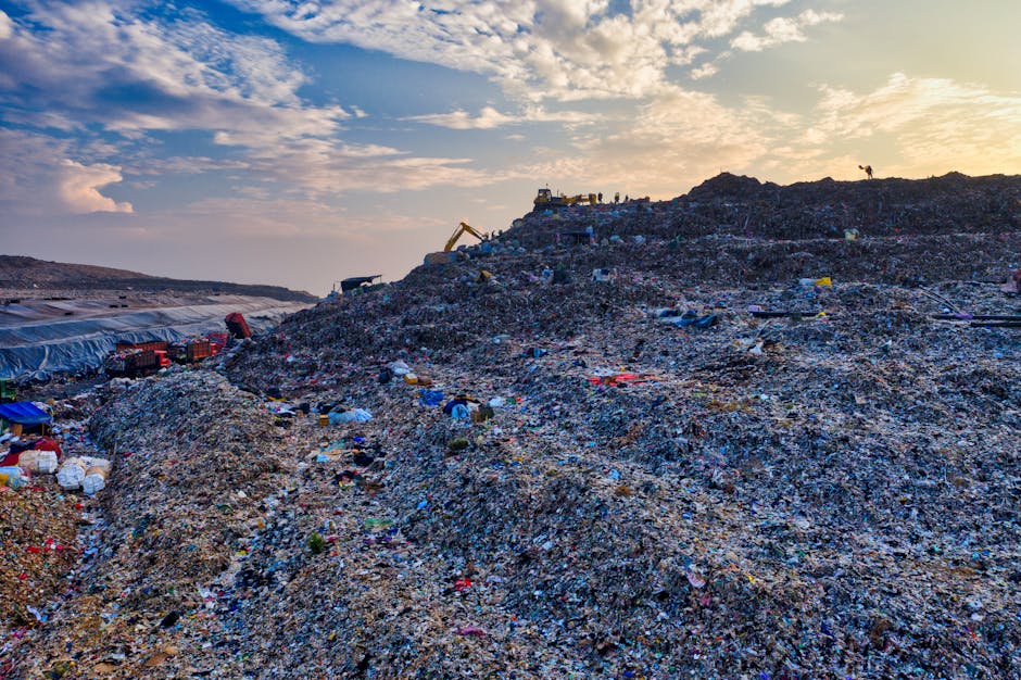 A large landfill site composed of mounds of mixed waste materials, including paper, plastic, metal, and clothing, with scattered debris across the uneven terrain. Industrial machinery, such as excavators, are positioned on top of the waste piles, actively moving or sorting refuse. The site is outdoors under a partly cloudy sky during daylight, with some sunlight illuminating parts of the waste. In the background, a distant horizon shows more waste heaps, and the area is surrounded by a mix of earth and possibly temporary structures or coverings. The scene reflects the process of waste disposal and management, relevant to packing and disposal considerations during home removals, as highlighted by [PAGE_TITLE] and services provided by [COMPANY_NAME].